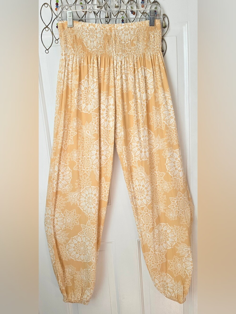 Lotus & Luna Havana Harem Pants Womens S/M Smocked-Waist Peachy Yellow Boho Cozy
